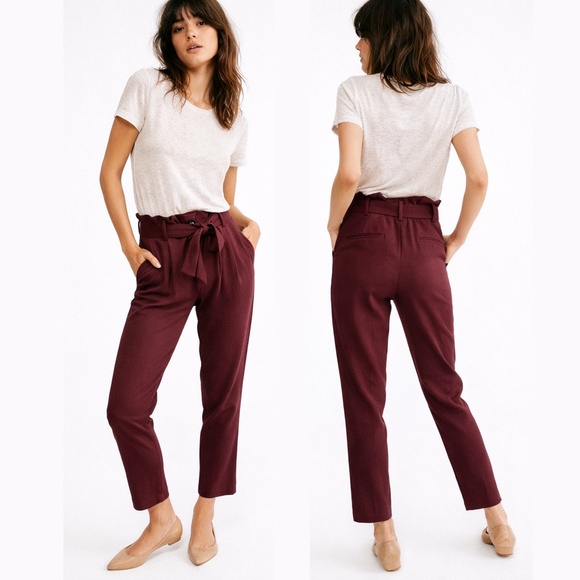 Sezane Pants - Sézane Austin Paperbag Waist Trousers Burgundy High Rise Belted US 0